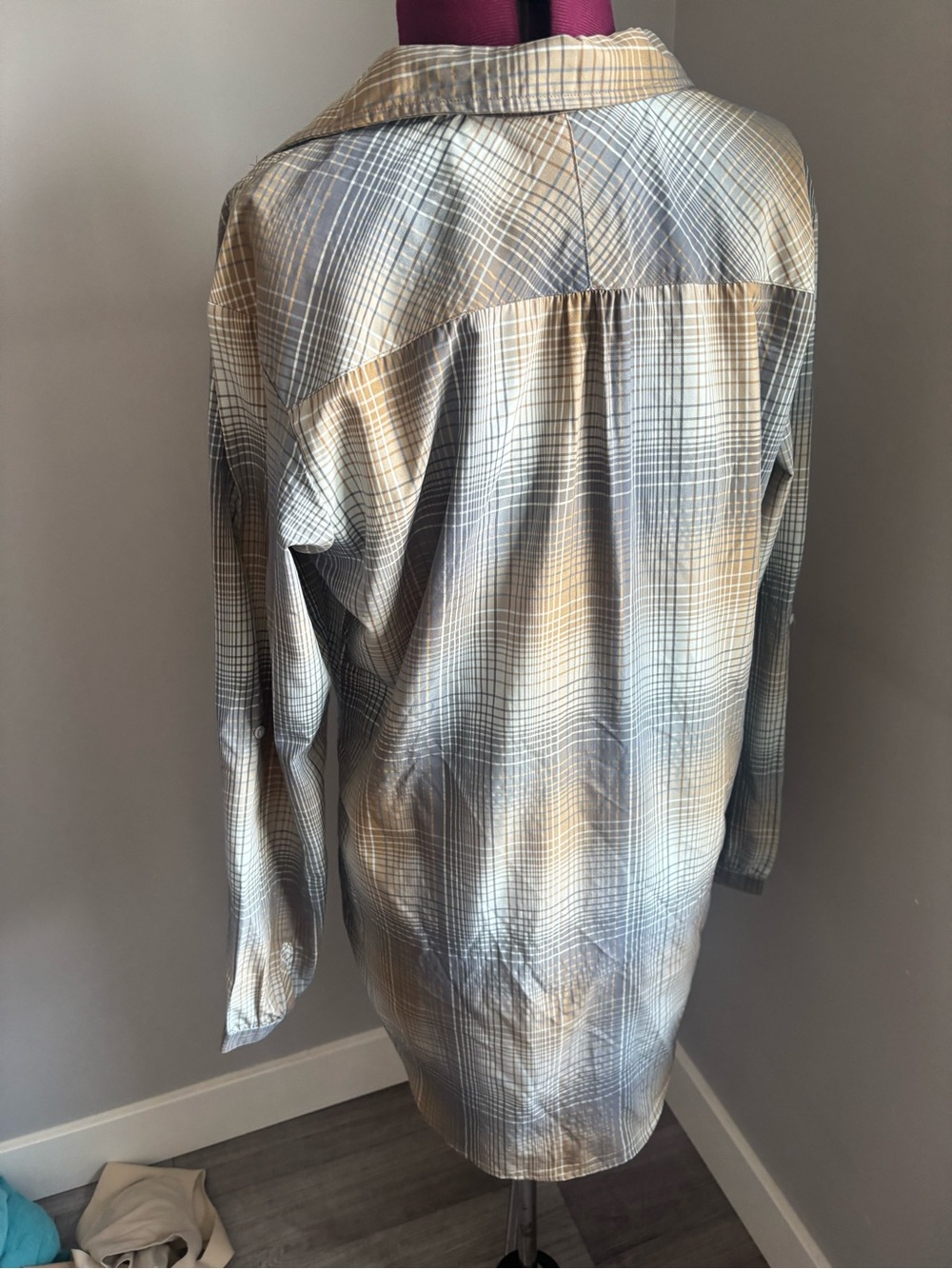 Plaid Button-Down Shirt dress in Gray and Tan - Picture 2 of 5
